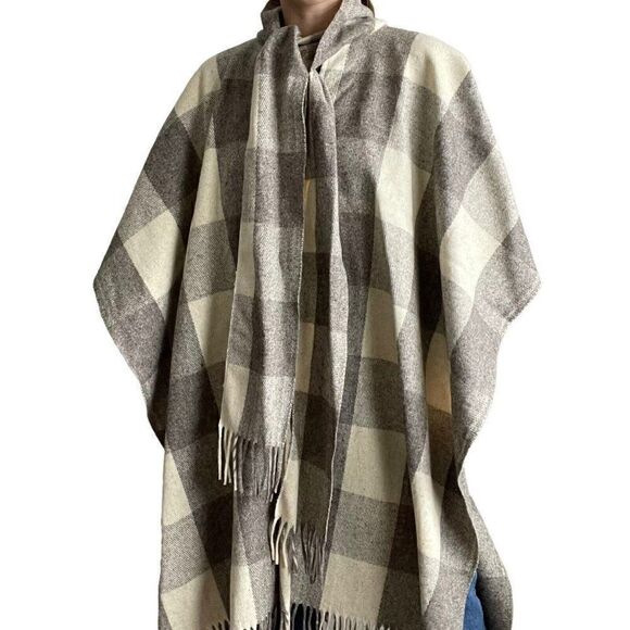 Vintage Unisex 1970s Checkered Cream Gray 100% Wool Hippie Western Poncho One Sz - Picture 1 of 10